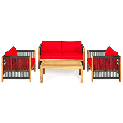 4 Pieces Outdoor Acacia Wood Furniture Set Patio Conversation Loveseat Sofa Set with Cushions and Table