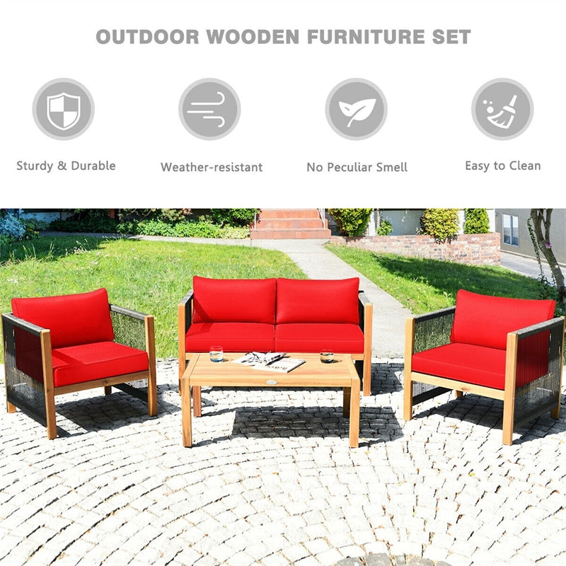 4 Pieces Outdoor Acacia Wood Furniture Set Patio Conversation Loveseat Sofa Set with Cushions and Table