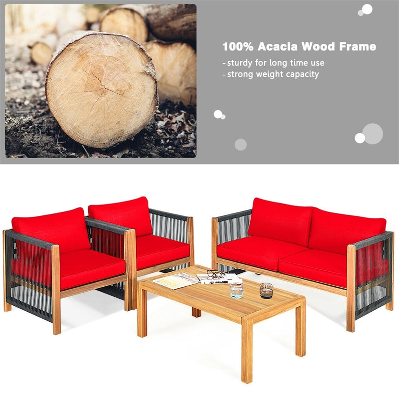 4 Pieces Outdoor Acacia Wood Furniture Set Patio Conversation Loveseat Sofa Set with Cushions and Table