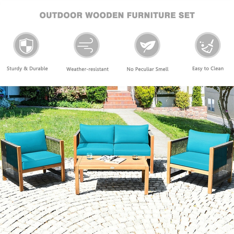 4 Pieces Outdoor Acacia Wood Furniture Set Patio Conversation Loveseat Sofa Set with Cushions and Table