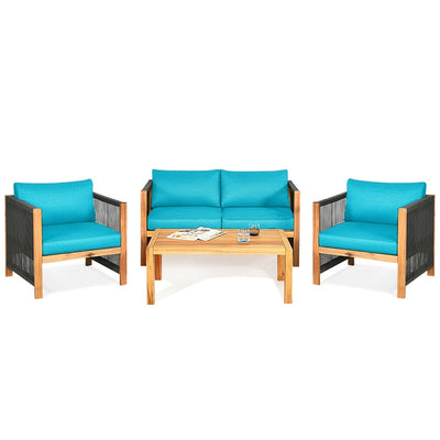 4 Pieces Outdoor Acacia Wood Furniture Set Patio Conversation Loveseat Sofa Set with Cushions and Table