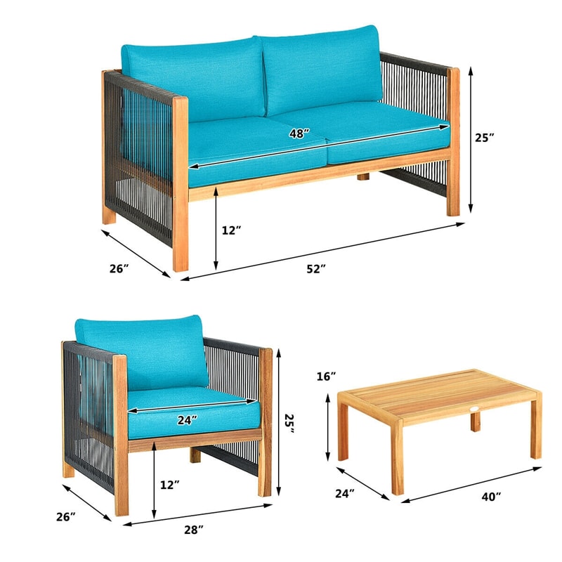 4 Pieces Outdoor Acacia Wood Furniture Set Patio Conversation Loveseat Sofa Set with Cushions and Table