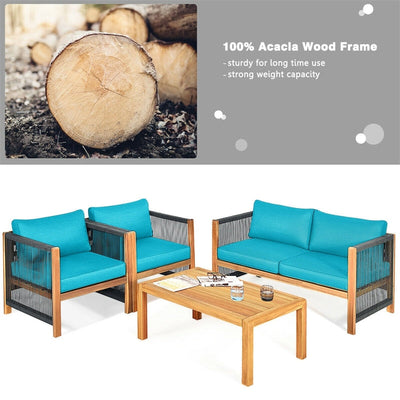 4 Pieces Outdoor Acacia Wood Furniture Set Patio Conversation Loveseat Sofa Set with Cushions and Table