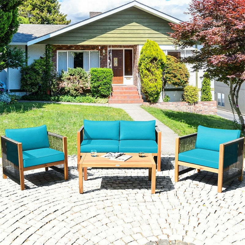 4 Pieces Outdoor Acacia Wood Furniture Set Patio Conversation Loveseat Sofa Set with Cushions and Table