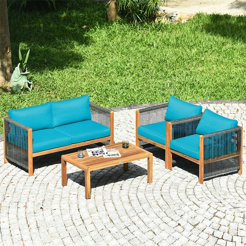 4 Pieces Outdoor Acacia Wood Furniture Set Patio Conversation Loveseat Sofa Set with Cushions and Table