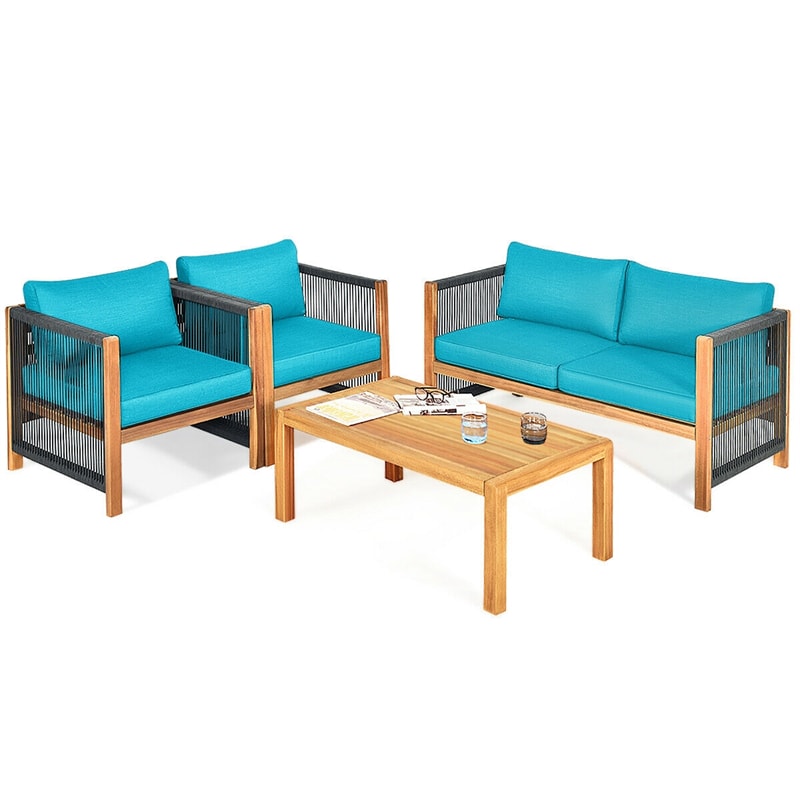 4 Pieces Outdoor Acacia Wood Furniture Set Patio Conversation Loveseat Sofa Set with Cushions and Table