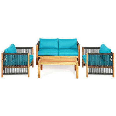 4 Pieces Outdoor Acacia Wood Furniture Set Patio Conversation Loveseat Sofa Set with Cushions and Table