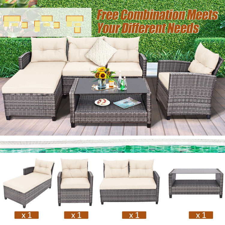 4 Piece Patio Rattan Furniture Set Outdoor Conversation Sectional Sofa Set with Coffee Table and Cushions