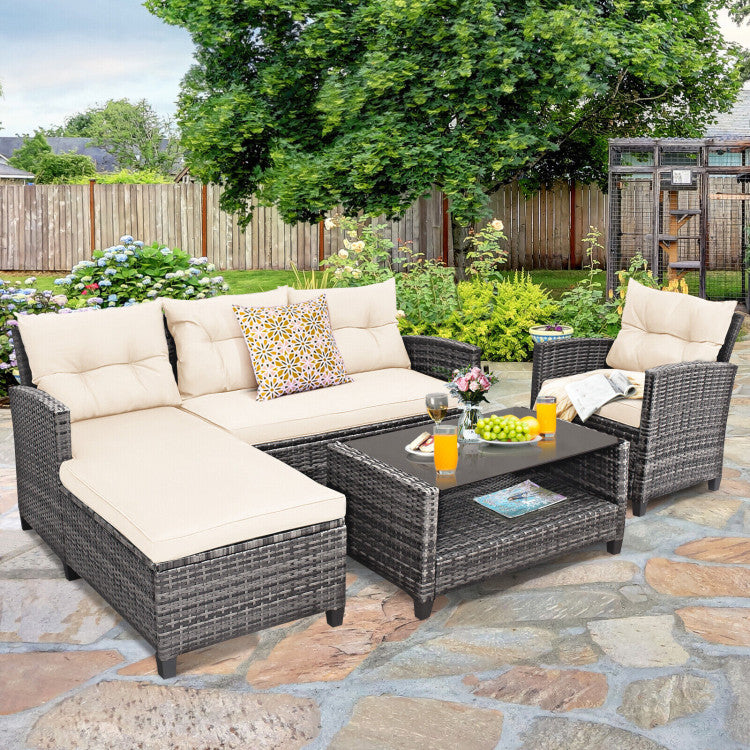 4 Piece Patio Rattan Furniture Set Outdoor Conversation Sectional Sofa Set with Coffee Table and Cushions