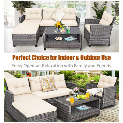 4 Piece Patio Rattan Furniture Set Outdoor Conversation Sectional Sofa Set with Coffee Table and Cushions