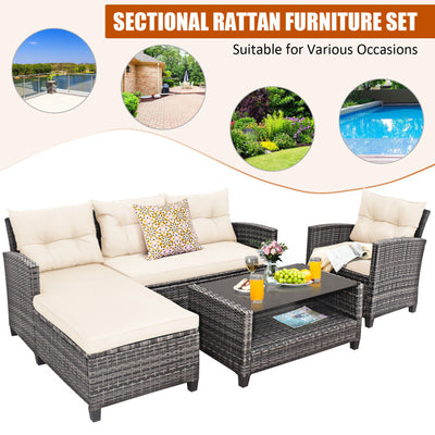 4 Piece Patio Rattan Furniture Set Outdoor Conversation Sectional Sofa Set with Coffee Table and Cushions