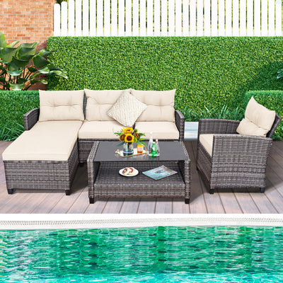 4 Piece Patio Rattan Furniture Set Outdoor Conversation Sectional Sofa Set with Coffee Table and Cushions