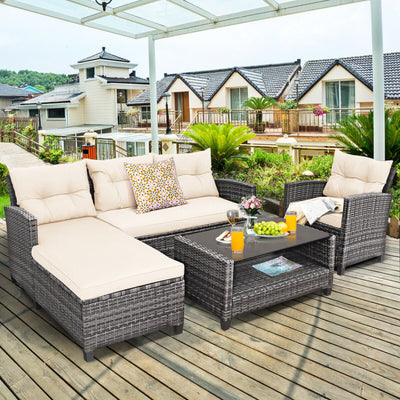 4 Piece Patio Rattan Furniture Set Outdoor Conversation Sectional Sofa Set with Coffee Table and Cushions