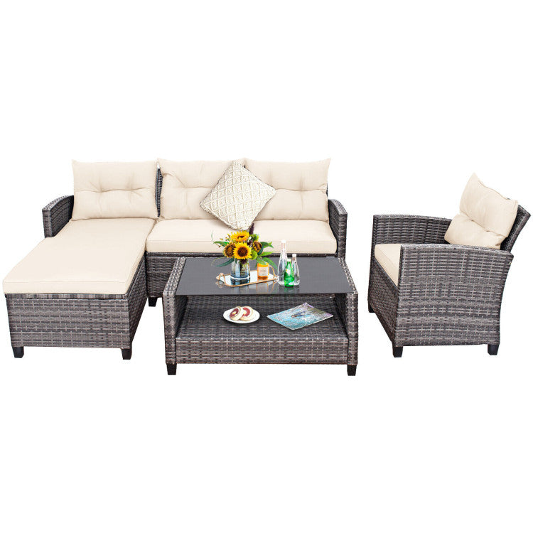 4 Piece Patio Rattan Furniture Set Outdoor Conversation Sectional Sofa Set with Coffee Table and Cushions