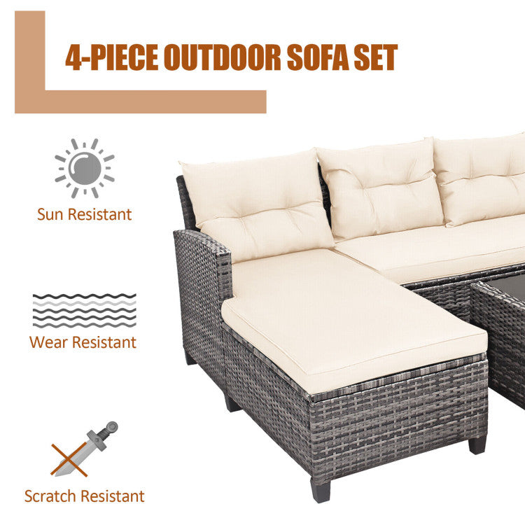 4 Piece Patio Rattan Furniture Set Outdoor Conversation Sectional Sofa Set with Coffee Table and Cushions