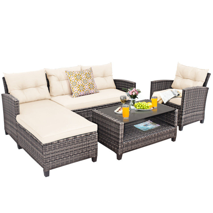 4 Piece Patio Rattan Furniture Set Outdoor Conversation Sectional Sofa Set with Coffee Table and Cushions