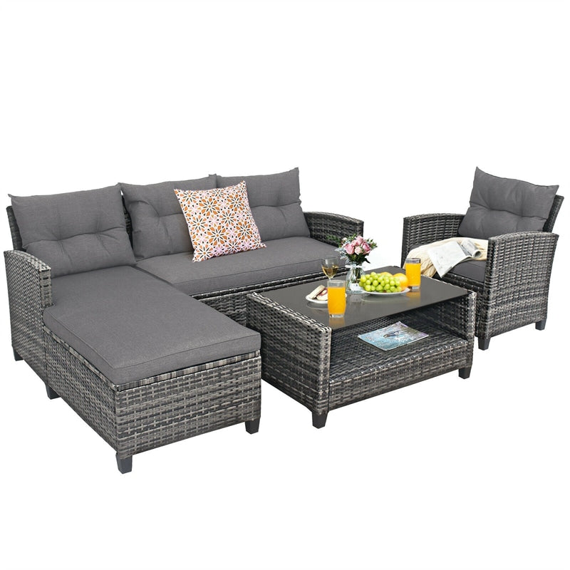 4 Piece Patio Rattan Furniture Set Outdoor Conversation Sectional Sofa Set with Coffee Table and Cushions