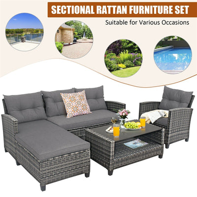 4 Piece Patio Rattan Furniture Set Outdoor Conversation Sectional Sofa Set with Coffee Table and Cushions