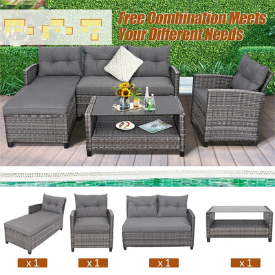 4 Piece Patio Rattan Furniture Set Outdoor Conversation Sectional Sofa Set with Coffee Table and Cushions