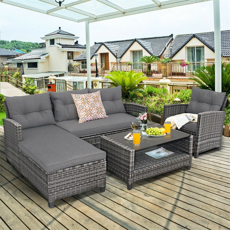 4 Piece Patio Rattan Furniture Set Outdoor Conversation Sectional Sofa Set with Coffee Table and Cushions