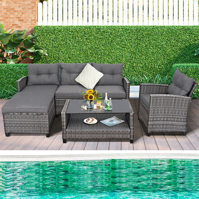 4 Piece Patio Rattan Furniture Set Outdoor Conversation Sectional Sofa Set with Coffee Table and Cushions