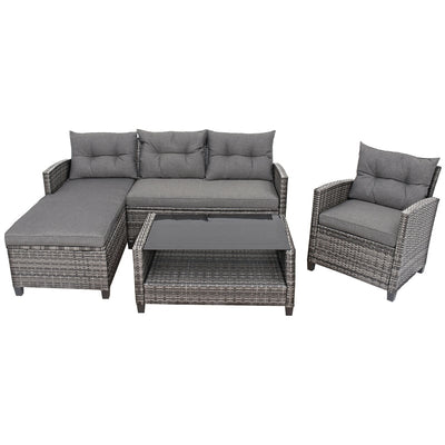 4 Piece Patio Rattan Furniture Set Outdoor Conversation Sectional Sofa Set with Coffee Table and Cushions