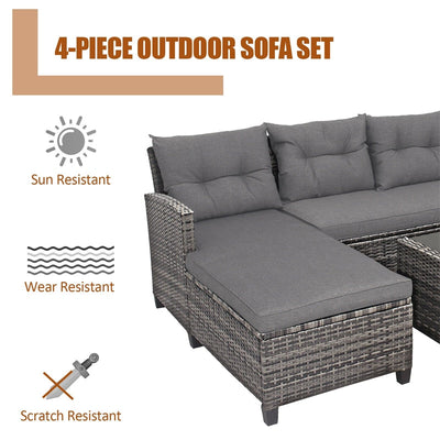 4 Piece Patio Rattan Furniture Set Outdoor Conversation Sectional Sofa Set with Coffee Table and Cushions