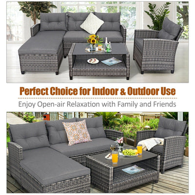 4 Piece Patio Rattan Furniture Set Outdoor Conversation Sectional Sofa Set with Coffee Table and Cushions