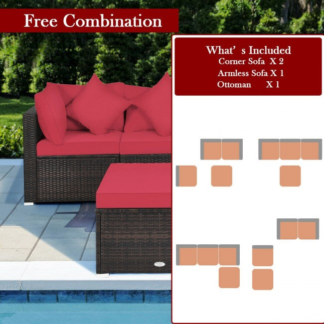 4 Pieces Patio Rattan Furniture Set Sectional Conversation Sofa Set with Ottoman and Cushion