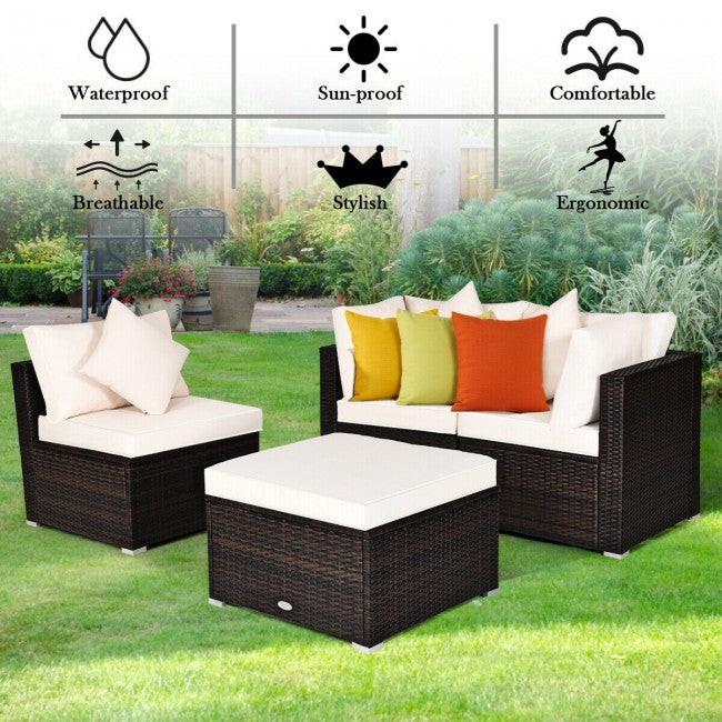 4 Pieces Patio Rattan Furniture Set Sectional Conversation Sofa Set with Ottoman and Cushion