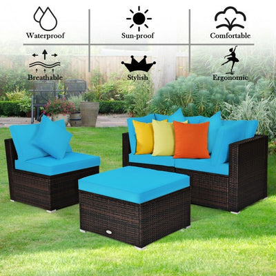 4 Pieces Patio Rattan Furniture Set Sectional Conversation Sofa Set with Ottoman and Cushion