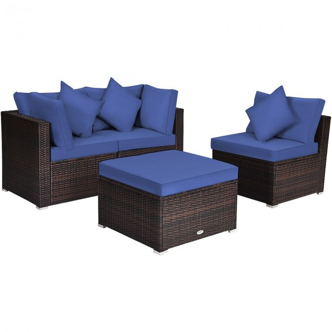 4 Pieces Patio Rattan Furniture Set Sectional Conversation Sofa Set with Ottoman and Cushion