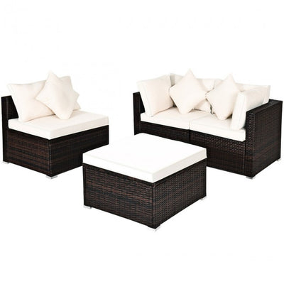 4 Pieces Patio Rattan Furniture Set Sectional Conversation Sofa Set with Ottoman and Cushion