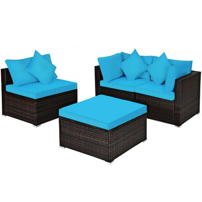 4 Pieces Patio Rattan Furniture Set Sectional Conversation Sofa Set with Ottoman and Cushion