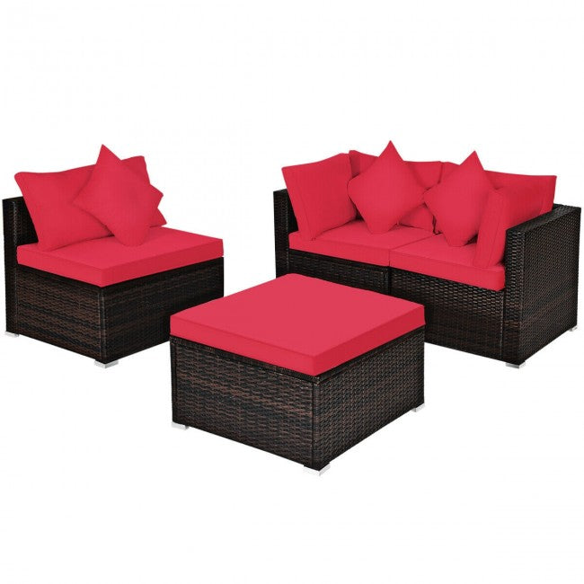 4 Pieces Patio Rattan Furniture Set Sectional Conversation Sofa Set with Ottoman and Cushion