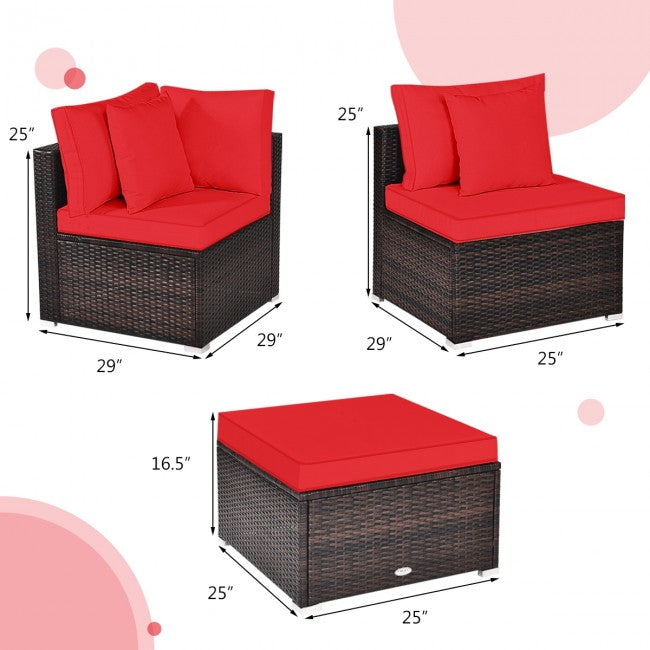 4 Pieces Patio Rattan Furniture Set Sectional Conversation Sofa Set with Ottoman and Cushion