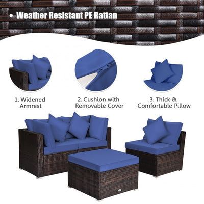 4 Pieces Patio Rattan Furniture Set Sectional Conversation Sofa Set with Ottoman and Cushion