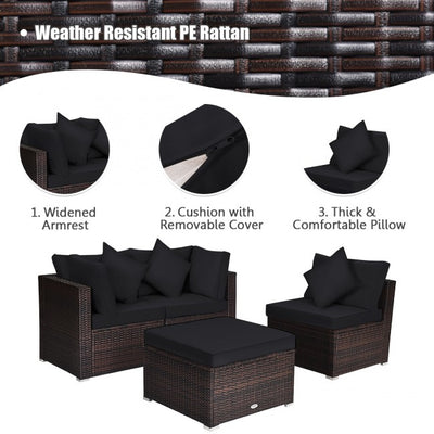 4 Pieces Patio Rattan Furniture Set Sectional Conversation Sofa Set with Ottoman and Cushion