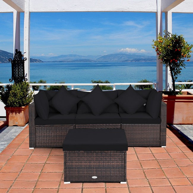 4 Pieces Patio Rattan Furniture Set Sectional Conversation Sofa Set with Ottoman and Cushion