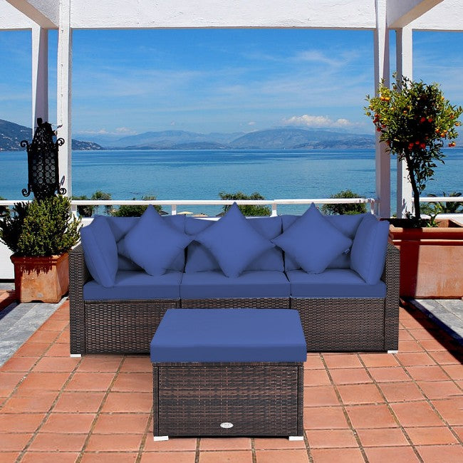 4 Pieces Patio Rattan Furniture Set Sectional Conversation Sofa Set with Ottoman and Cushion