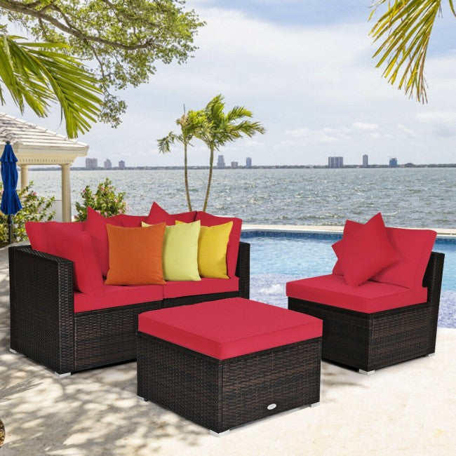 4 Pieces Patio Rattan Furniture Set Sectional Conversation Sofa Set with Ottoman and Cushion