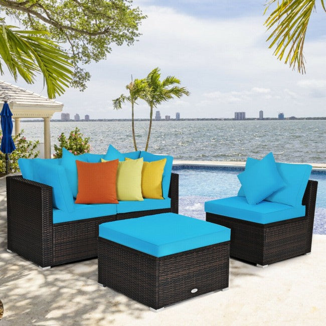 4 Pieces Patio Rattan Furniture Set Sectional Conversation Sofa Set with Ottoman and Cushion