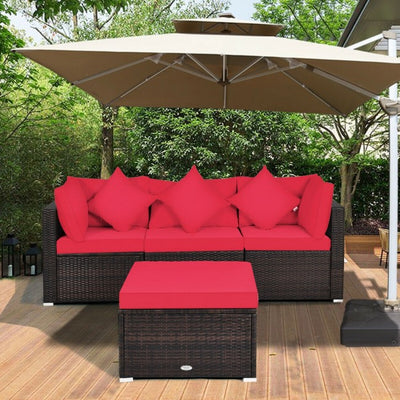 4 Pieces Patio Rattan Furniture Set Sectional Conversation Sofa Set with Ottoman and Cushion