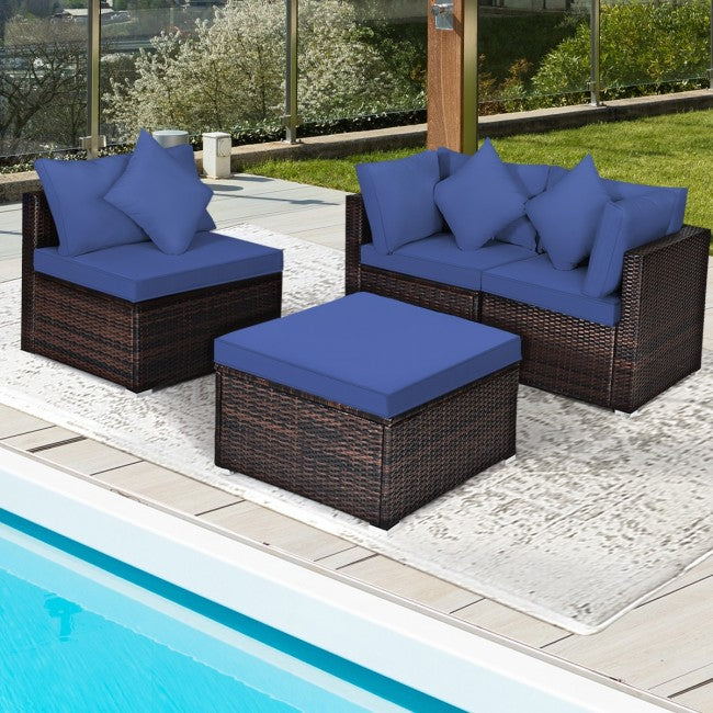 4 Pieces Patio Rattan Furniture Set Sectional Conversation Sofa Set with Ottoman and Cushion