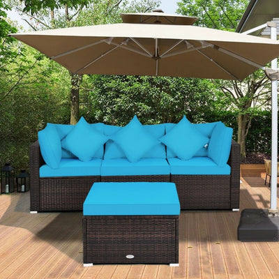 4 Pieces Patio Rattan Furniture Set Sectional Conversation Sofa Set with Ottoman and Cushion