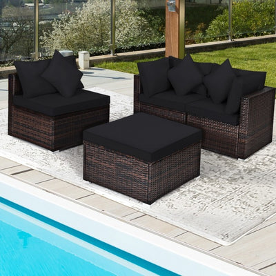 4 Pieces Patio Rattan Furniture Set Sectional Conversation Sofa Set with Ottoman and Cushion