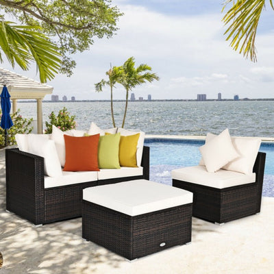 4 Pieces Patio Rattan Furniture Set Sectional Conversation Sofa Set with Ottoman and Cushion