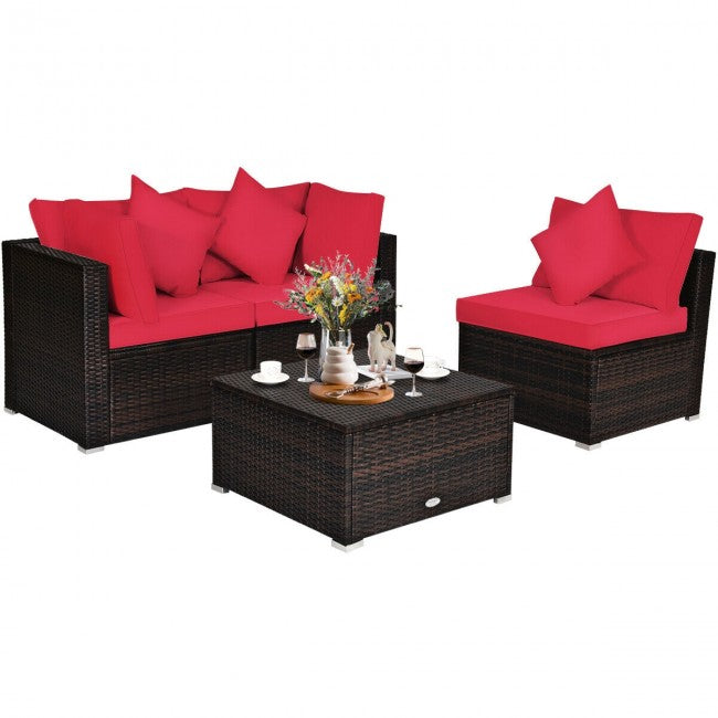 4 Pieces Patio Rattan Furniture Set Sectional Conversation Sofa Set with Ottoman and Cushion