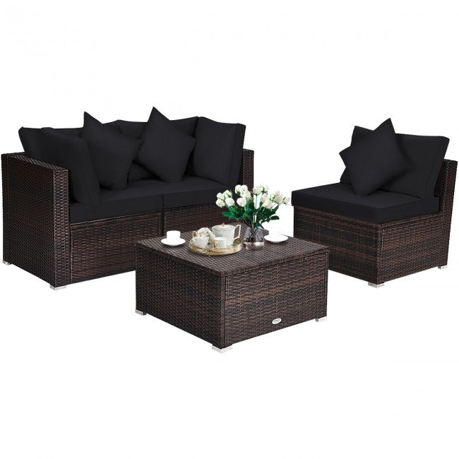 4 Pieces Patio Rattan Furniture Set Sectional Conversation Sofa Set with Ottoman and Cushion