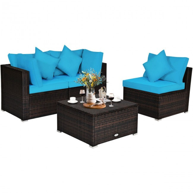 4 Pieces Patio Rattan Furniture Set Sectional Conversation Sofa Set with Ottoman and Cushion